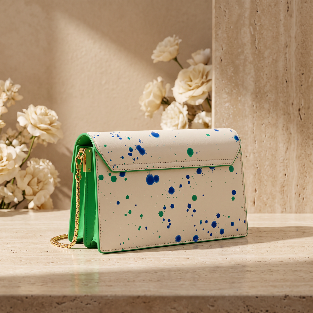 Gallery Muse green and blue splatter leather crossbody bag back view