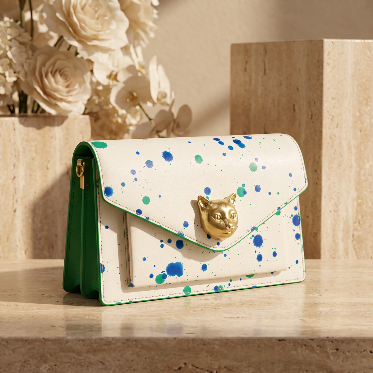Gallery Muse green and blue splatter top-grain leather crossbody bag with gold cat clasp