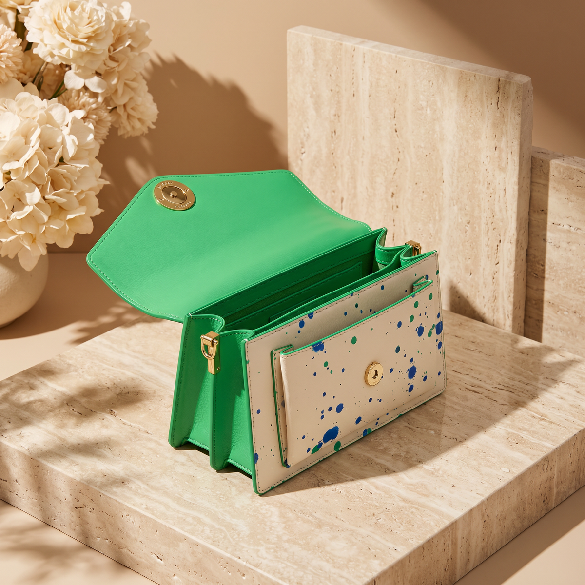 Gallery Muse green and blue splatter leather crossbody bag interior view