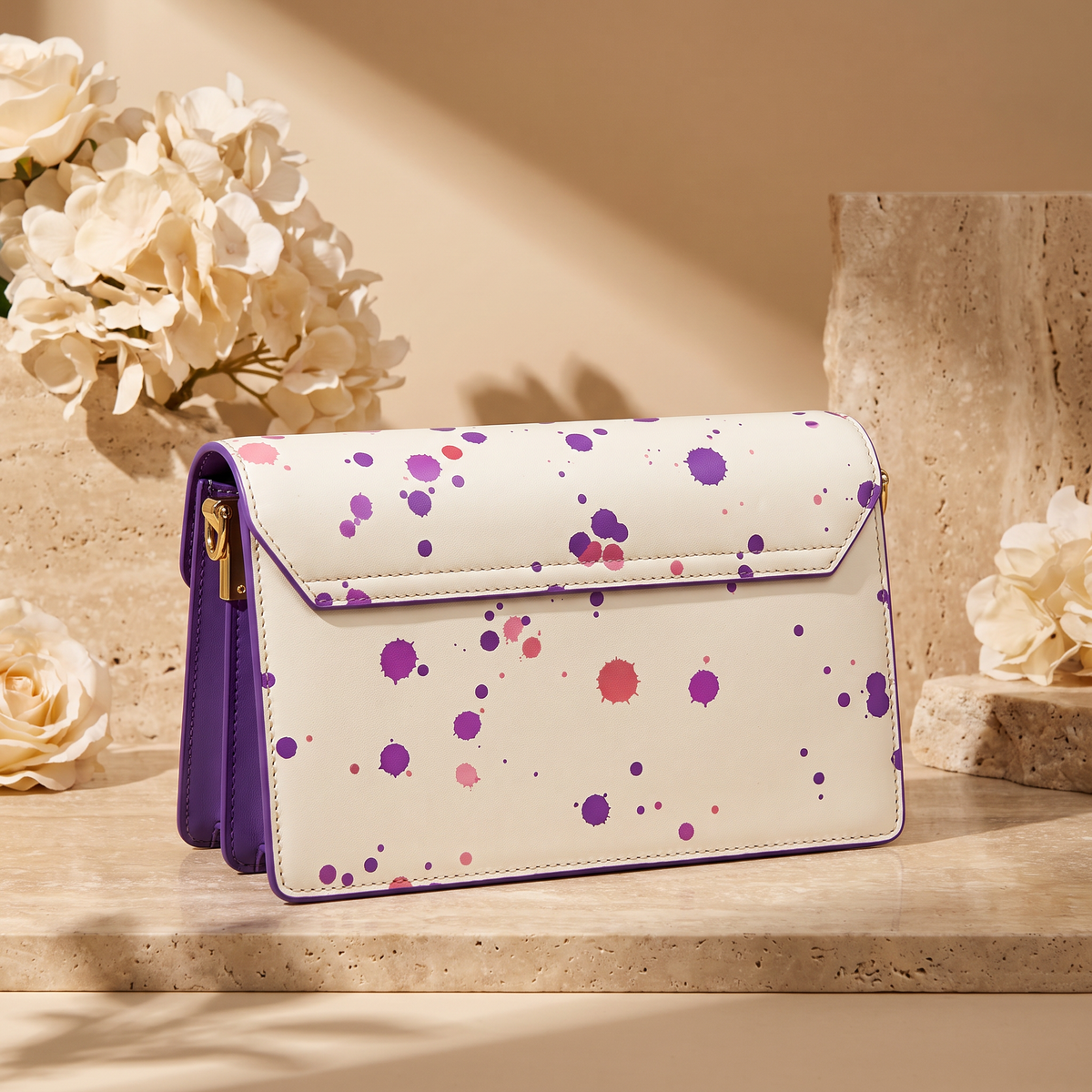 Gallery Muse purple and pink splatter leather crossbody bag back view