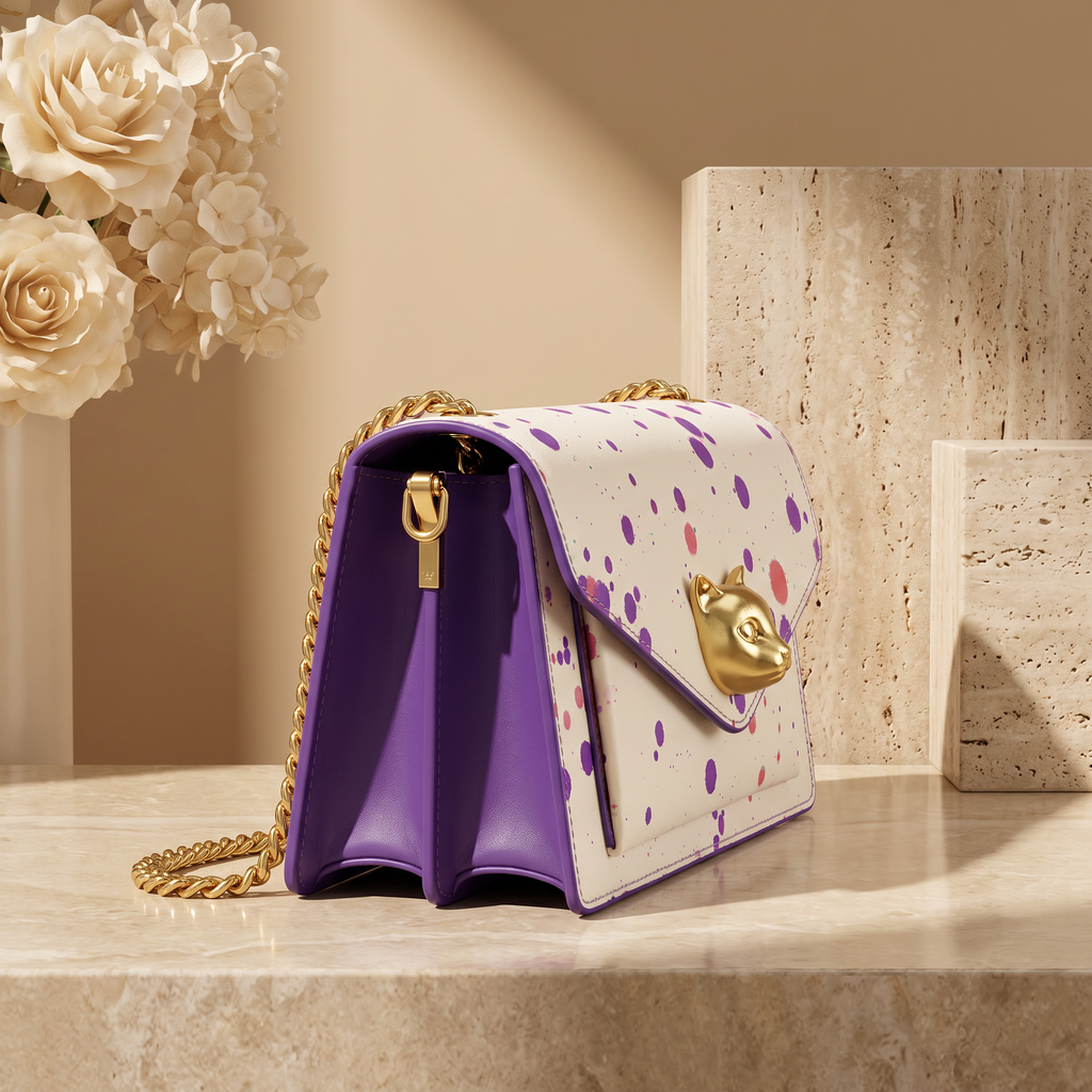 Gallery Muse purple and pink splatter leather crossbody bag side view