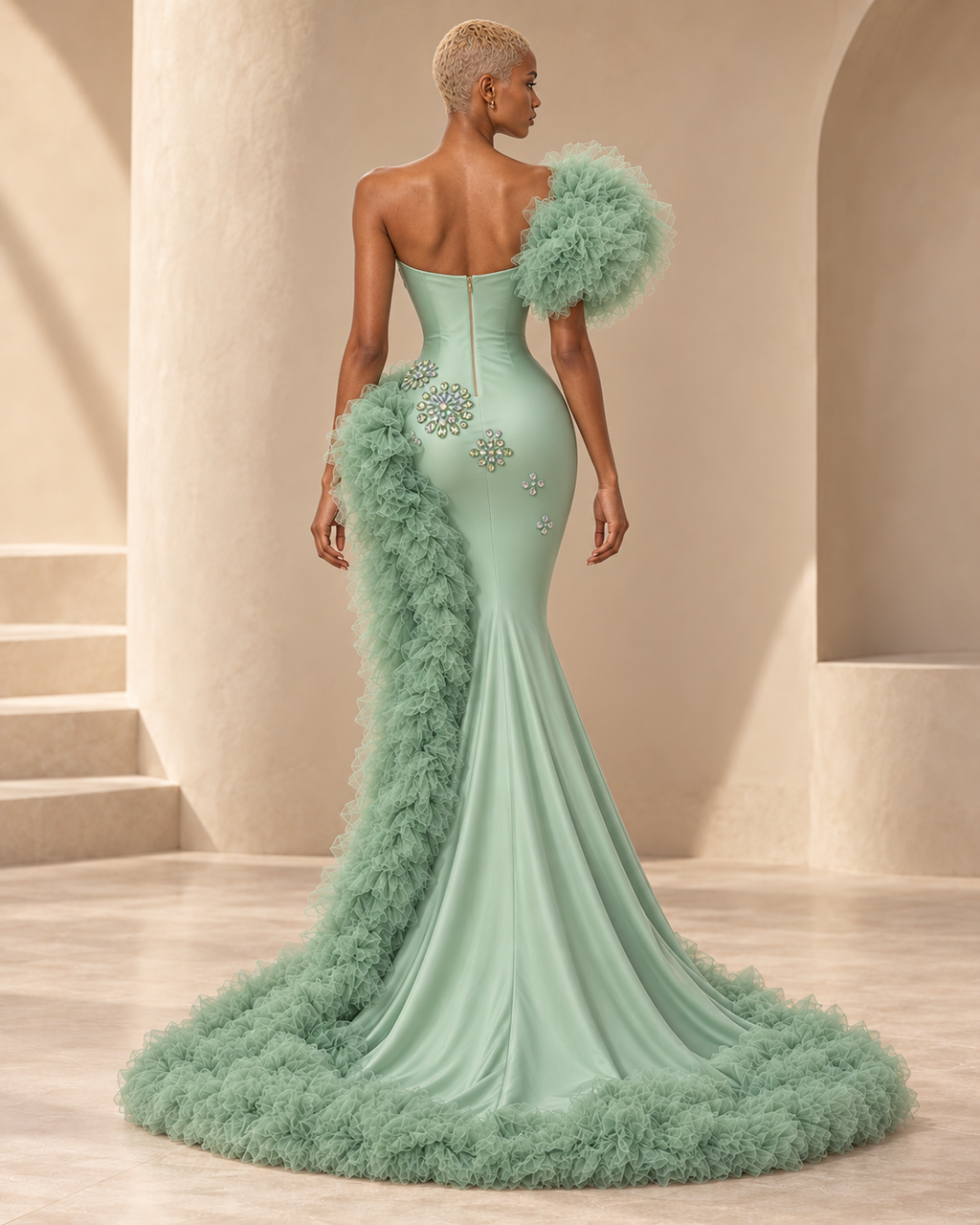 Celestia mint crystal tulle mermaid gown back view