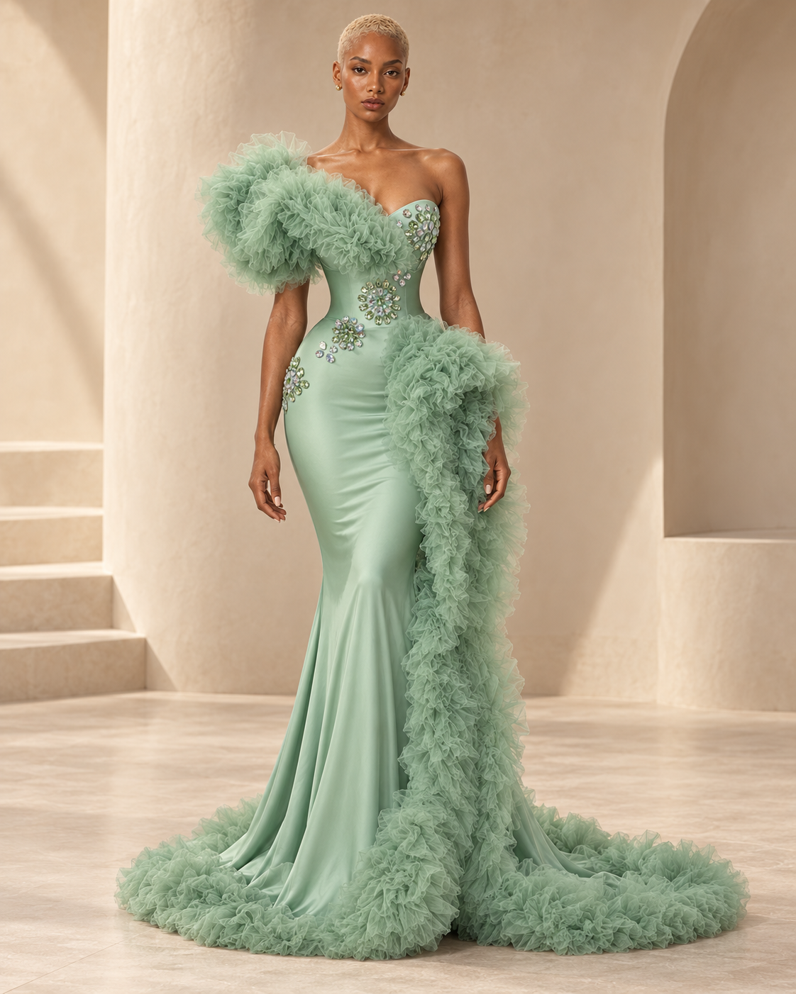 Celestia mint crystal tulle mermaid gown front view