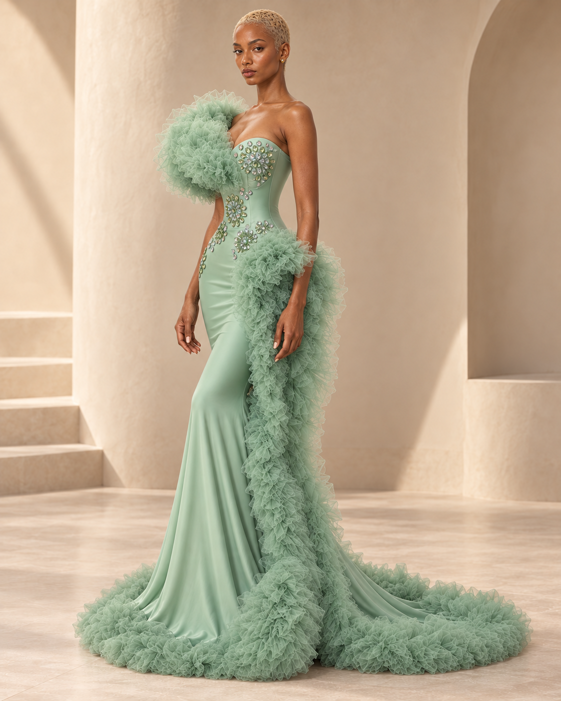 Celestia mint crystal tulle mermaid gown side view