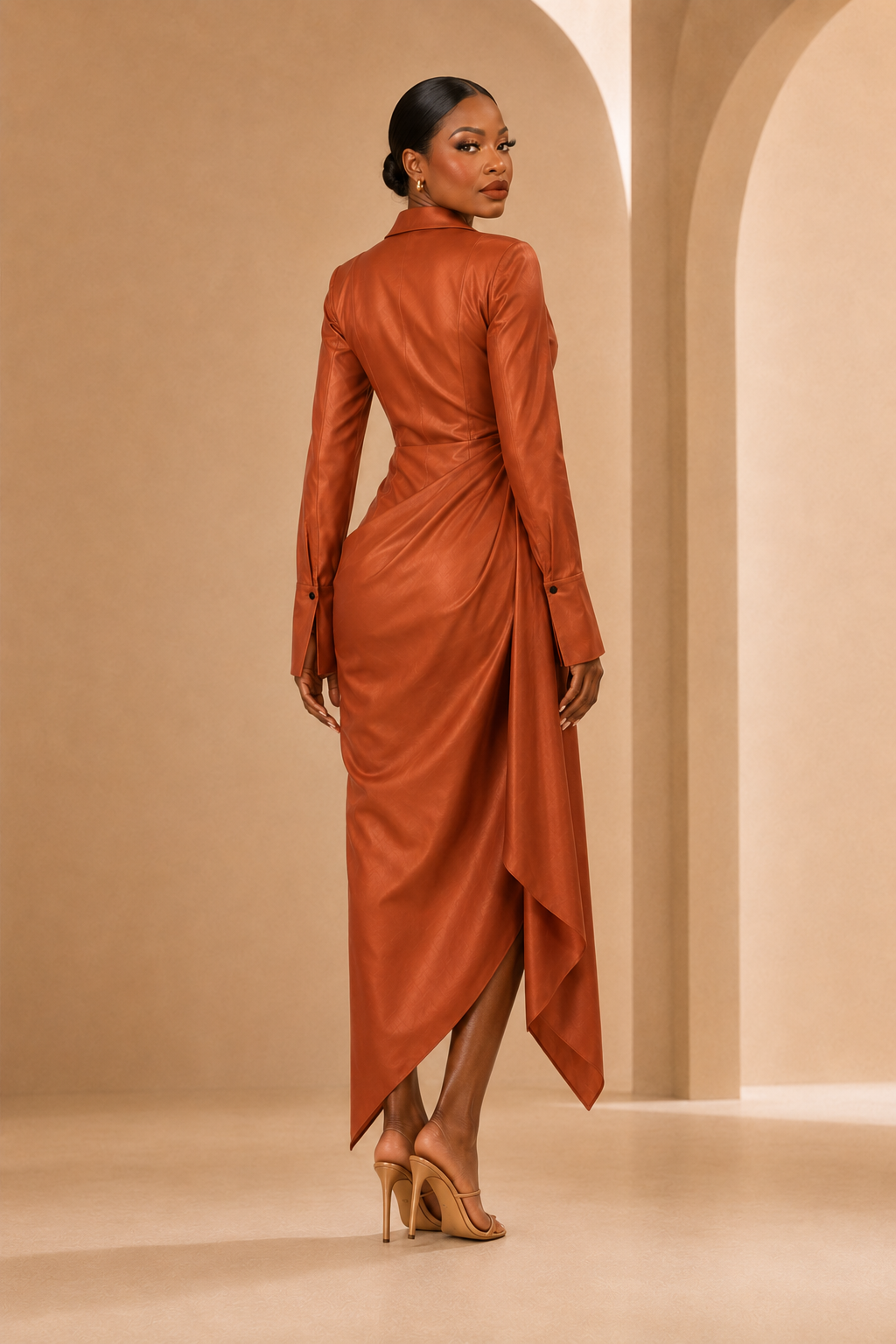 BLANC LOVE copper asymmetric satin draped dress back view on model