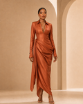BLANC LOVE copper asymmetric satin draped dress front view on model