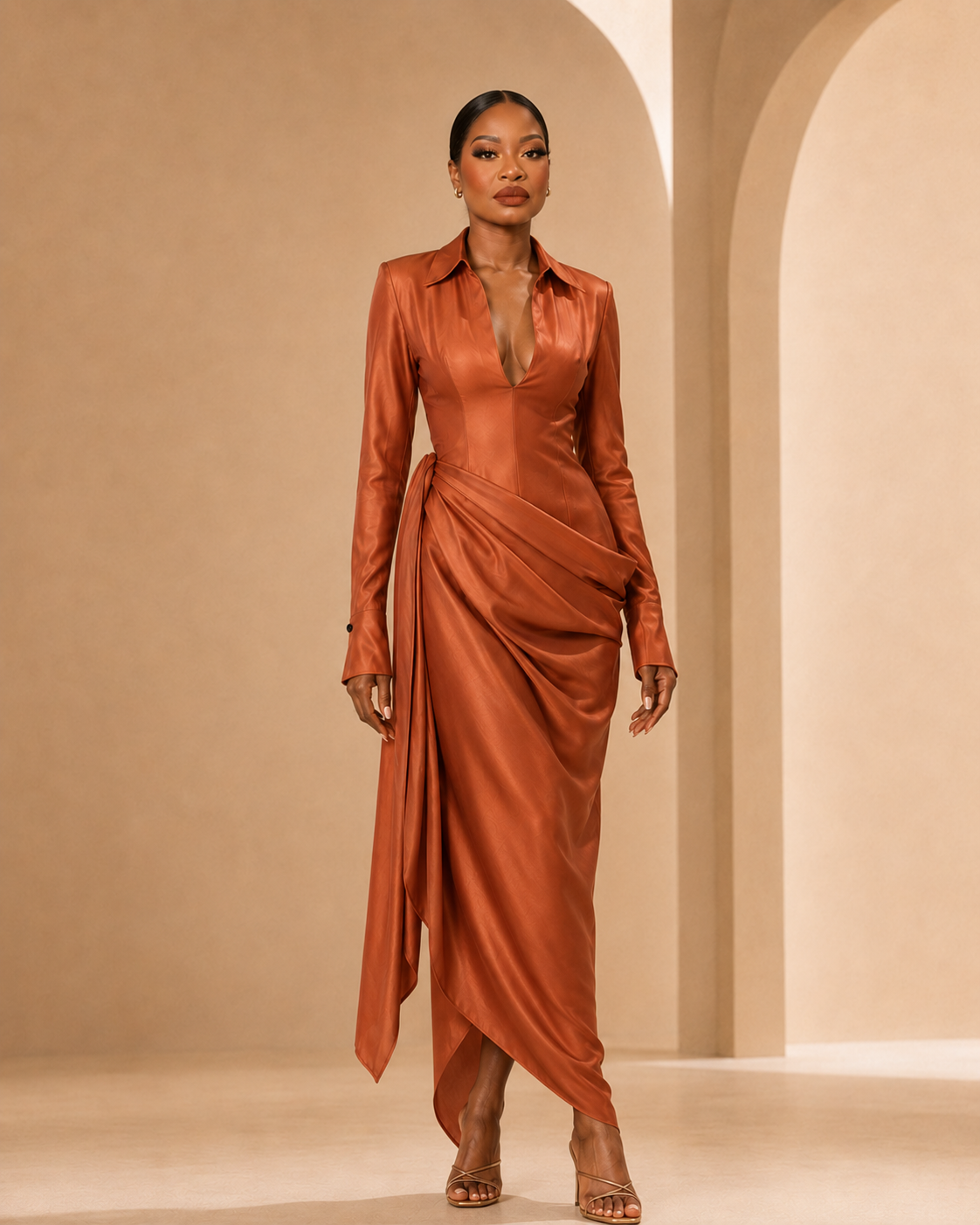 BLANC LOVE copper asymmetric satin draped dress front view on model