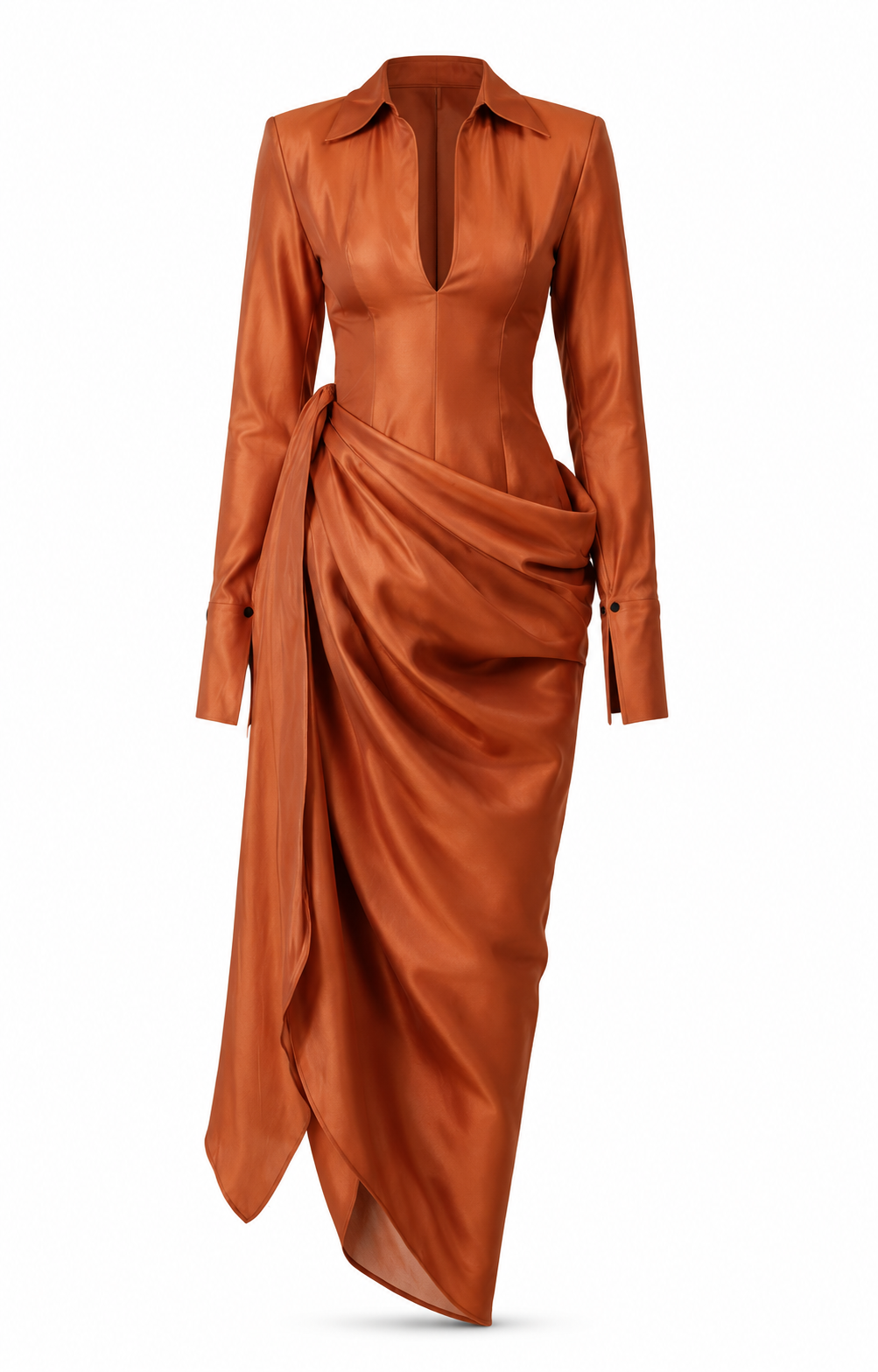 Copper asymmetric satin draped dress invisible mannequin product view