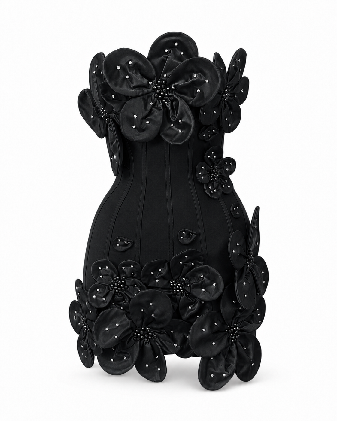 Black Flora sculpted floral corset mini dress invisible mannequin view
