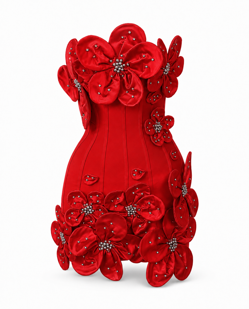 Red Flora sculpted floral corset mini dress invisible mannequin view