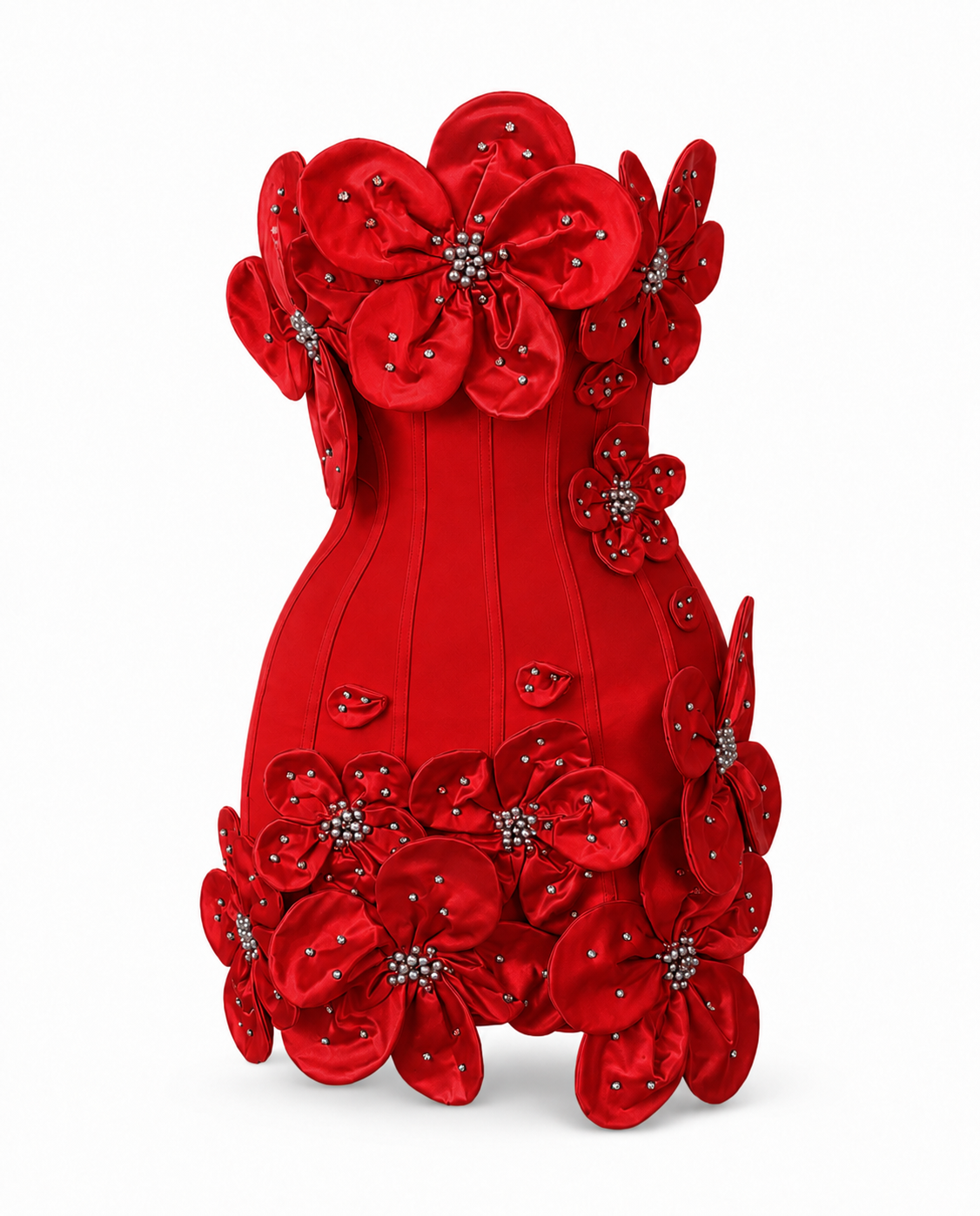 Red Flora sculpted floral corset mini dress invisible mannequin view
