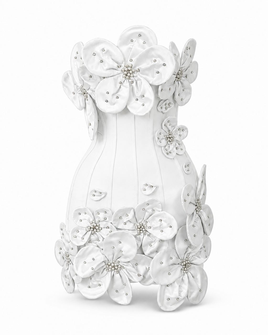 White Flora sculpted floral corset mini dress invisible mannequin view
