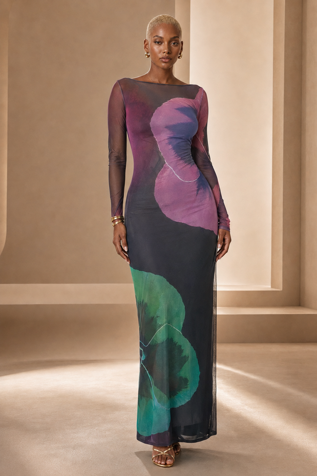 Black female model wearing the Floral Finesse Sheer Elegance Dress, front view