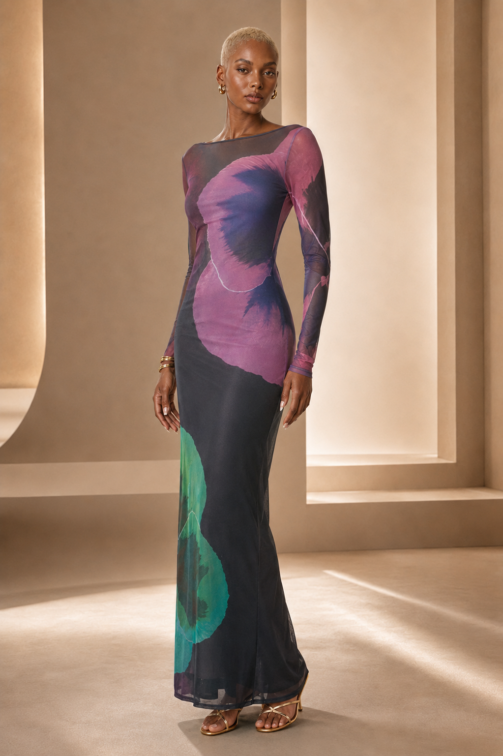 Black female model wearing the Floral Finesse Sheer Elegance Dress, three-quarter view