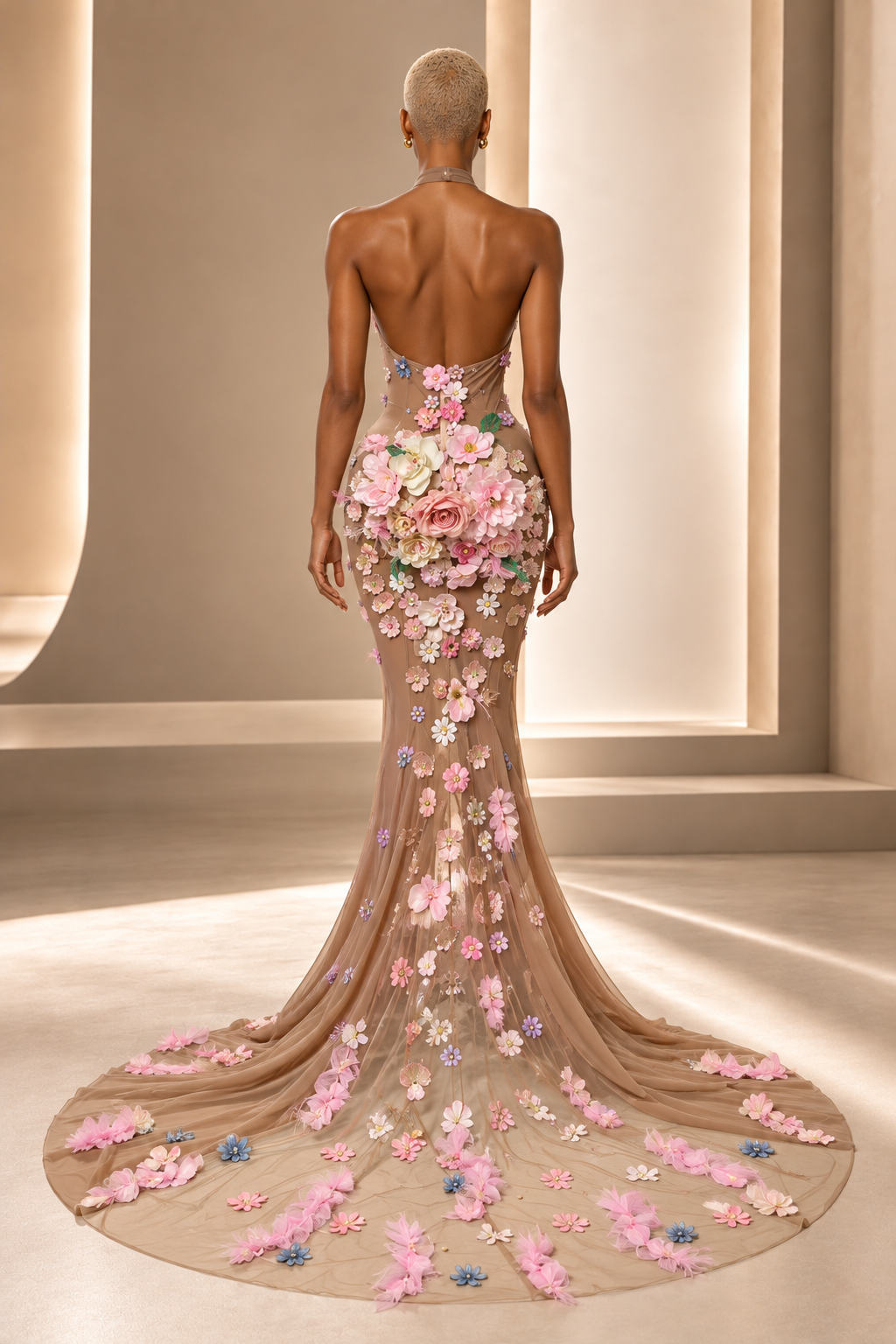 Garden Bloom Floral Halter Gown back view