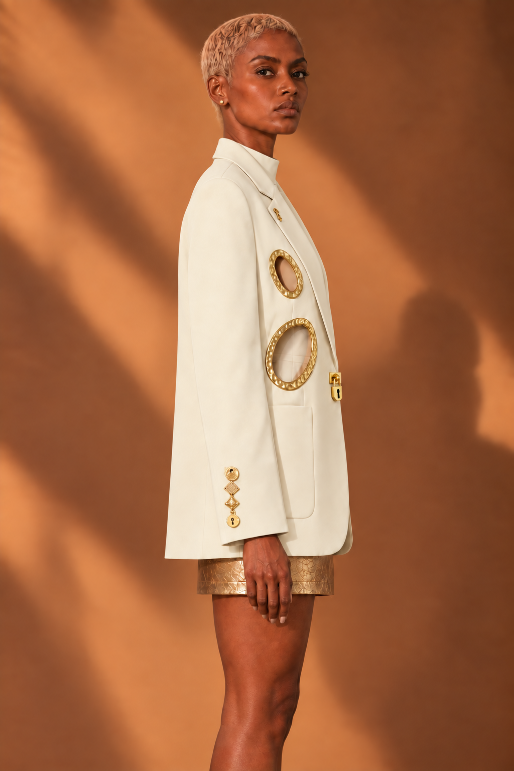 BLANC LOVE Gilded Keyhole Cutout Blazer in Apricot side view