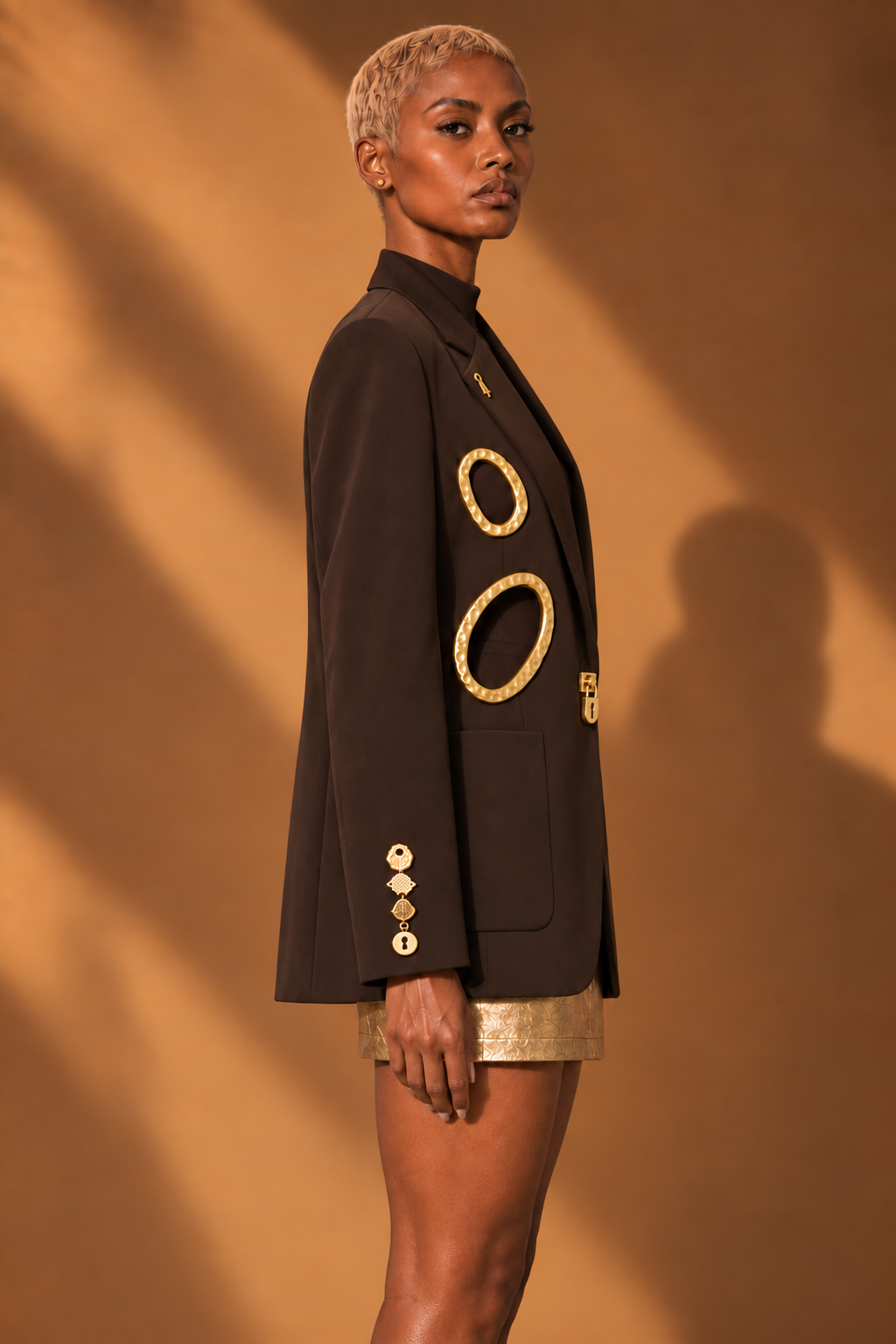 BLANC LOVE Gilded Keyhole Cutout Blazer in Coffee side view