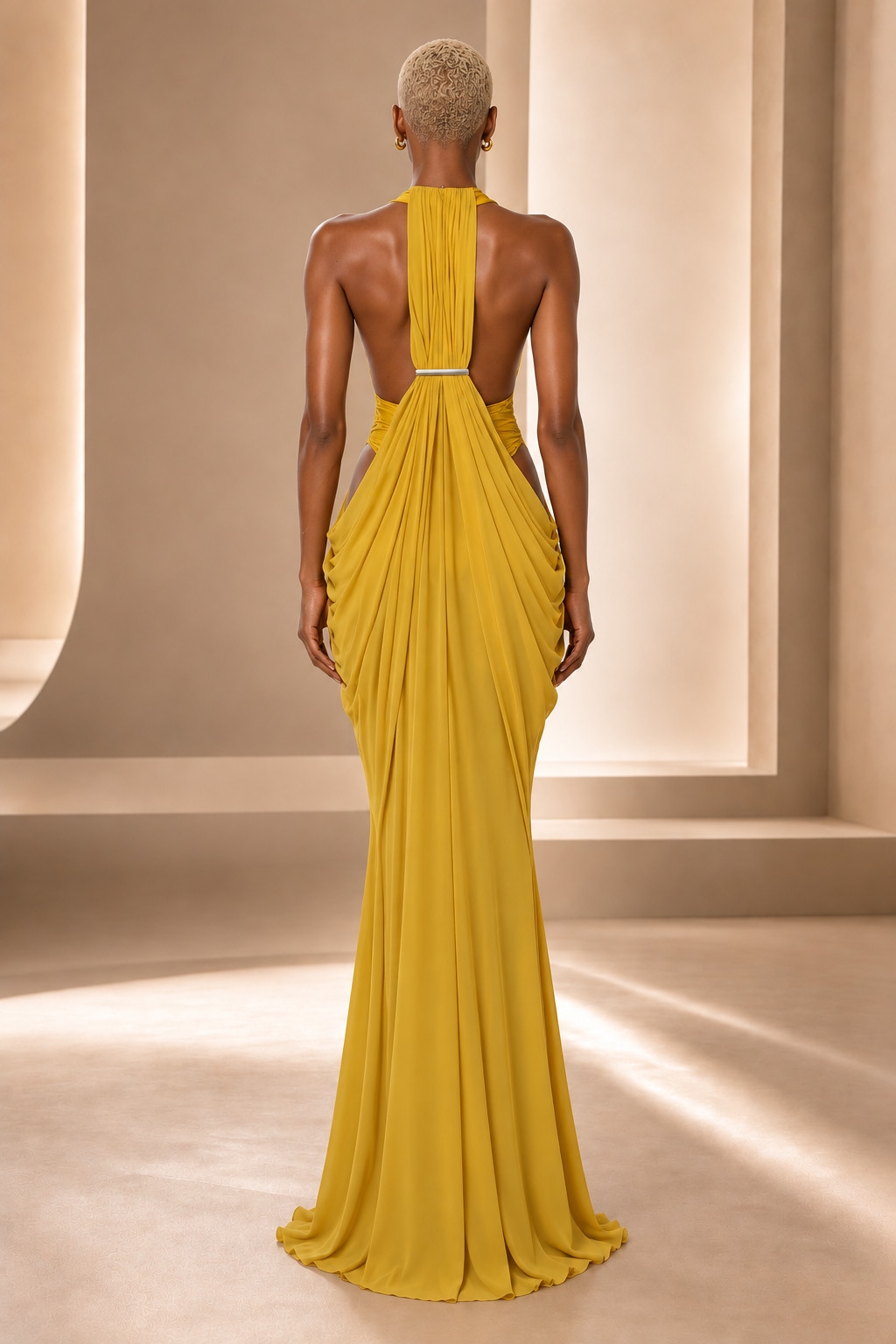 Golden Hour Draped Halter Maxi Dress on BLANC LOVE model, back view