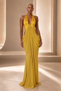 Golden Hour Draped Halter Maxi Dress on BLANC LOVE model, front view