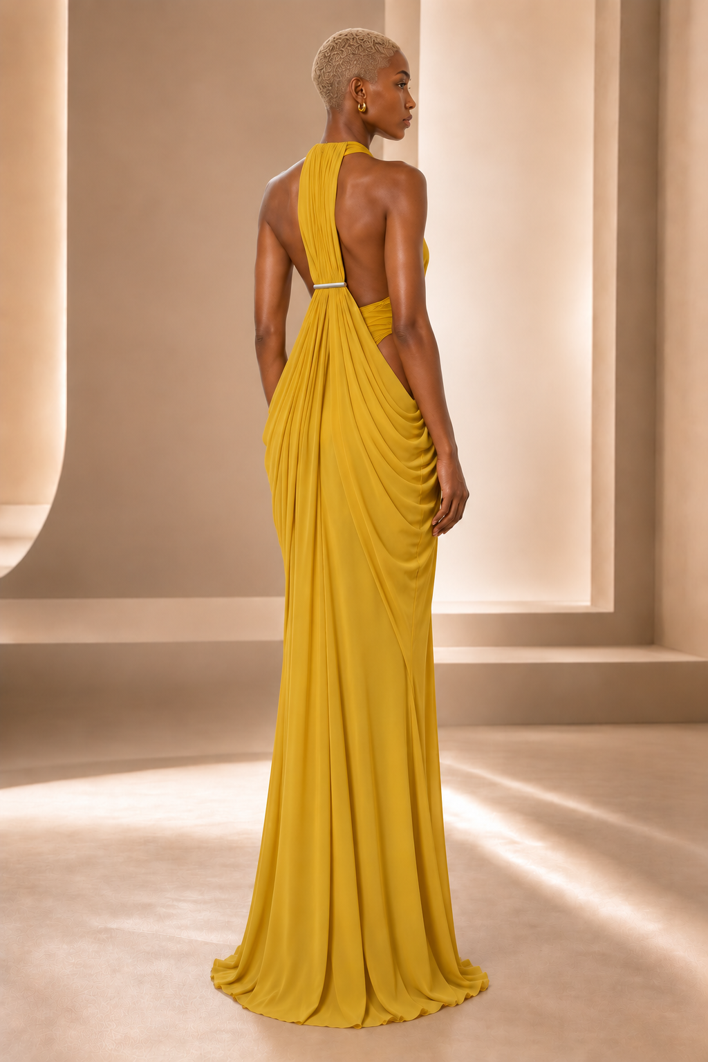 Golden Hour Draped Halter Maxi Dress on BLANC LOVE model, rear three-quarter view
