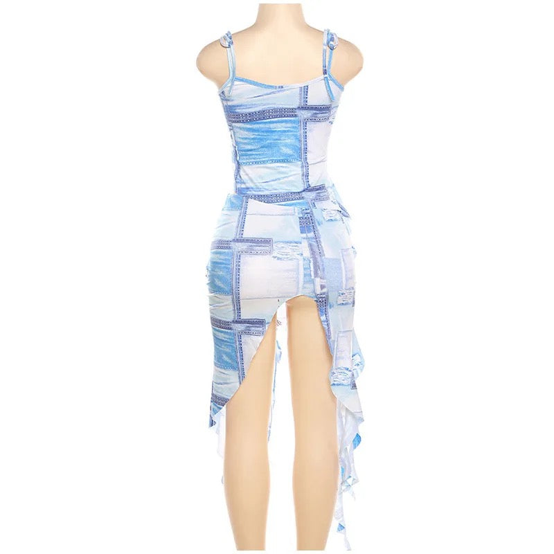 Denim Dreams: The Lace-Up Denim Print Skirt Set