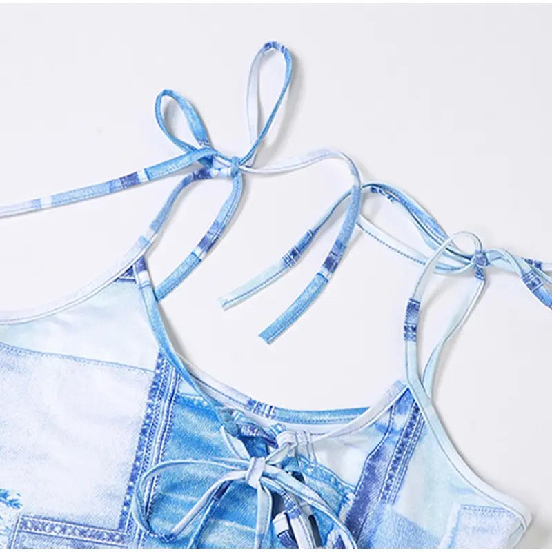 Denim Dreams: The Lace-Up Denim Print Skirt Set