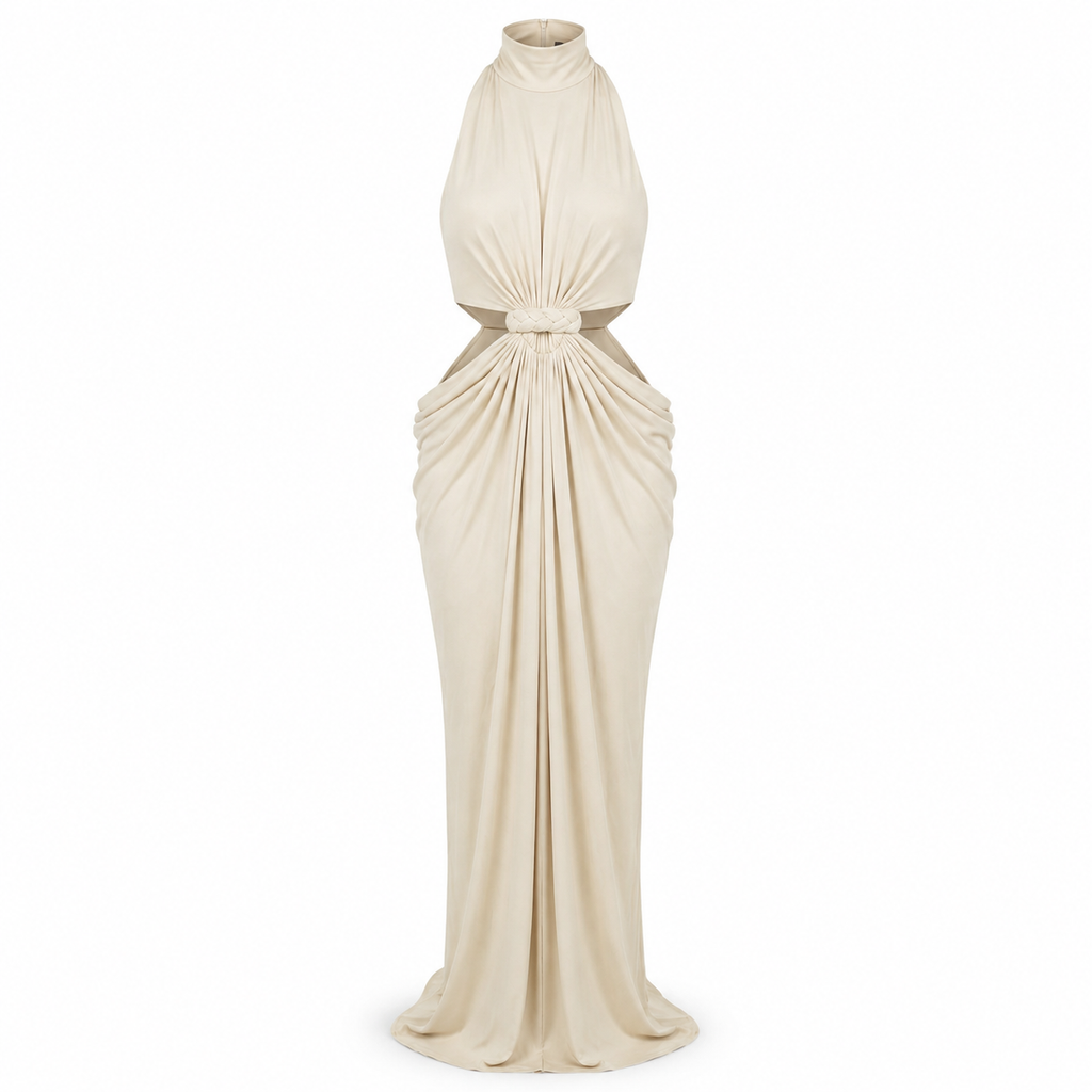 Infinity Knot Halter Gown on an invisible mannequin