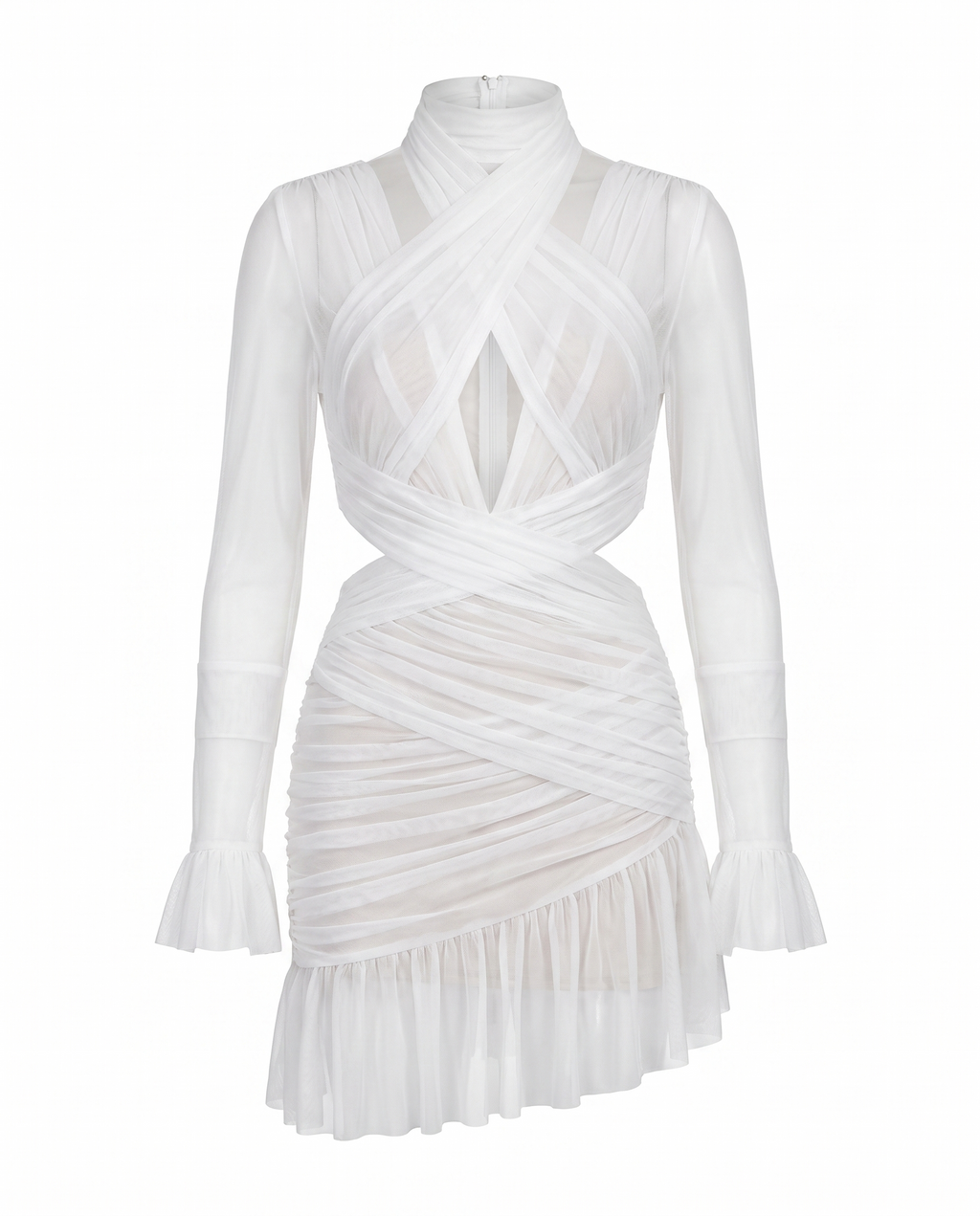 Invisible mannequin front view of the Ivory Veil ruched mesh mini dress on white