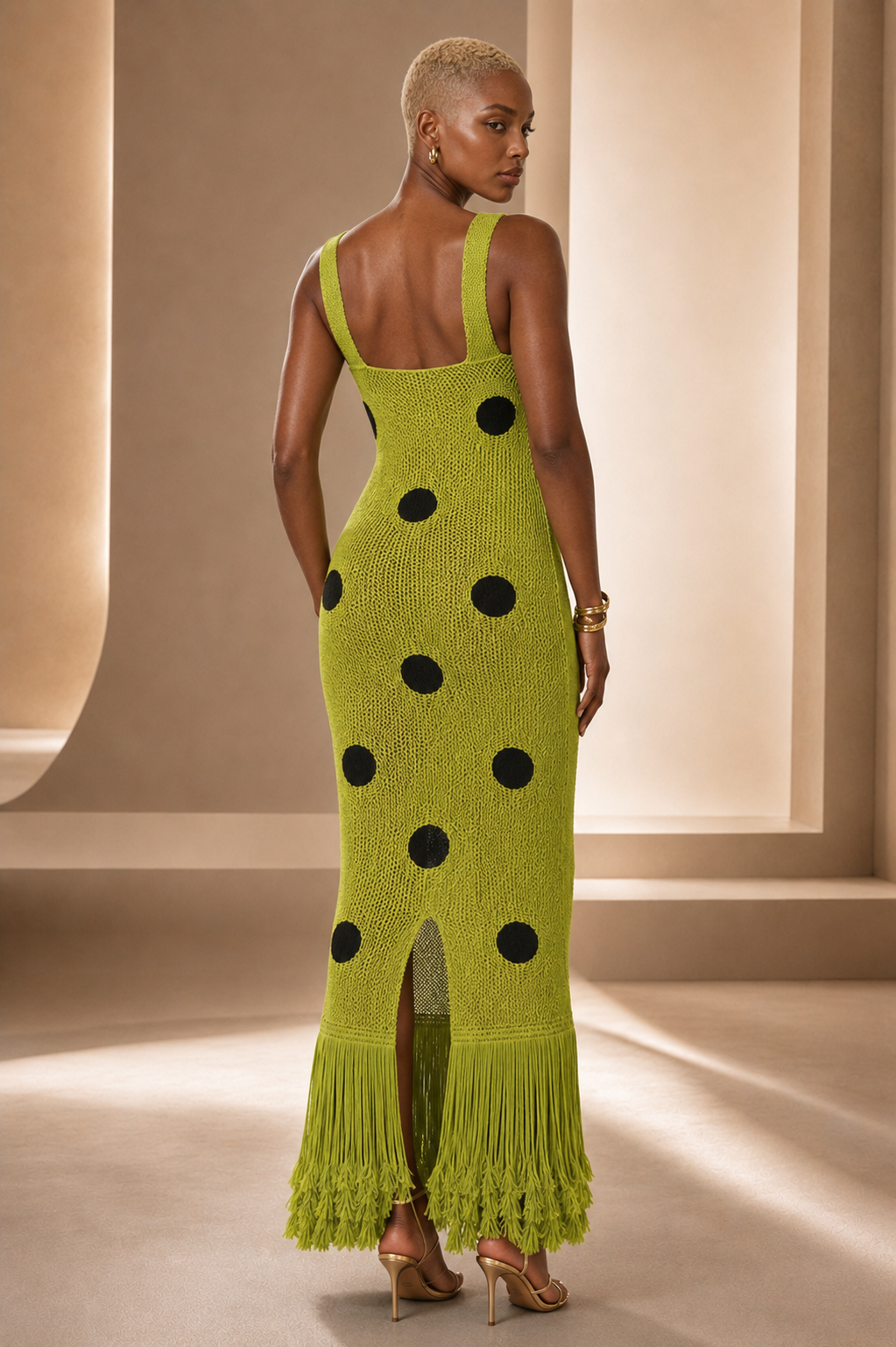 Black female model wearing the Lime Fringe Polka Dot Crochet Maxi Dress, back view