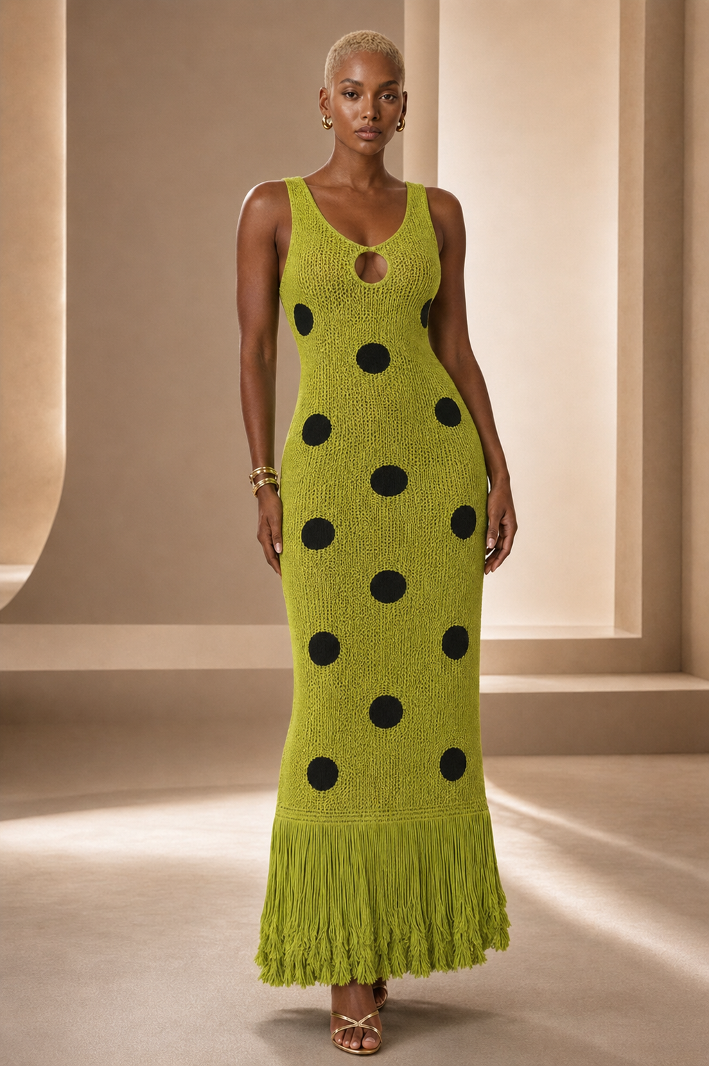 Black female model wearing the Lime Fringe Polka Dot Crochet Maxi Dress, front view