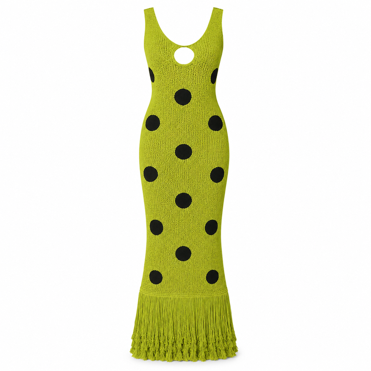 Lime Fringe Polka Dot Crochet Maxi Dress on an invisible mannequin