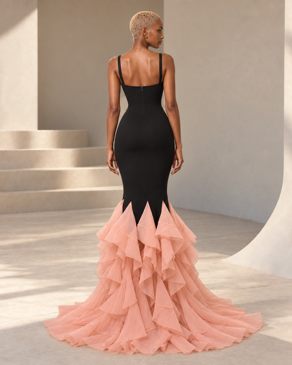 Back view of black and blush sculptural ruffle mermaid gown with train