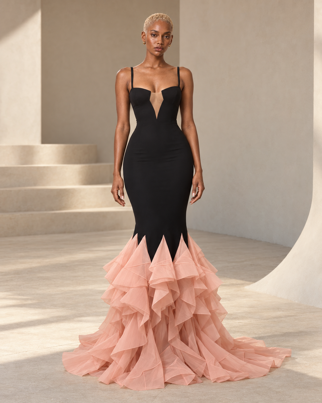 Front view of black and blush sculptural ruffle mermaid gown