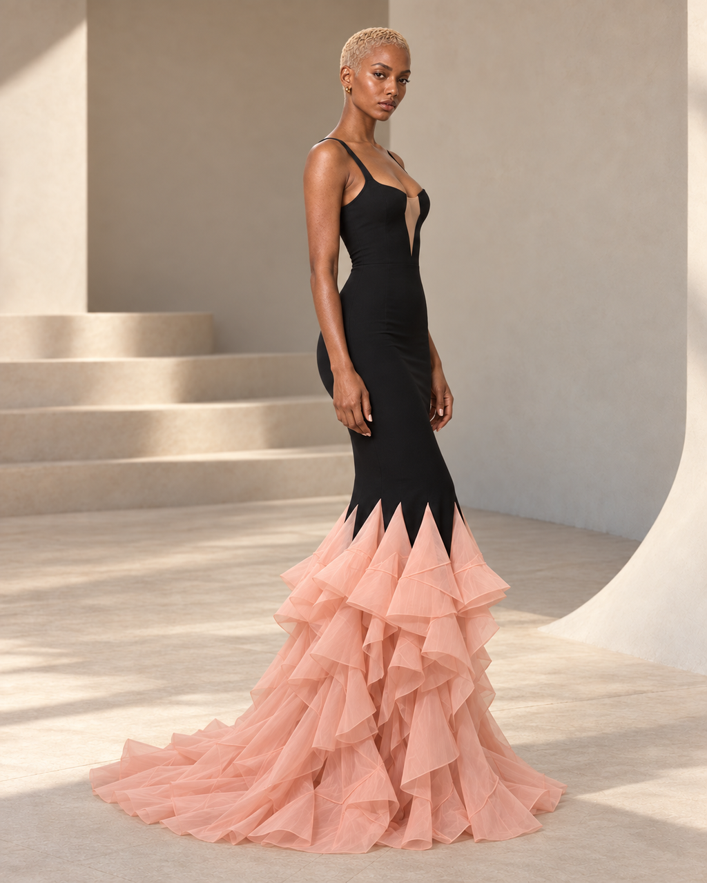 Side view of black and blush sculptural ruffle mermaid gown