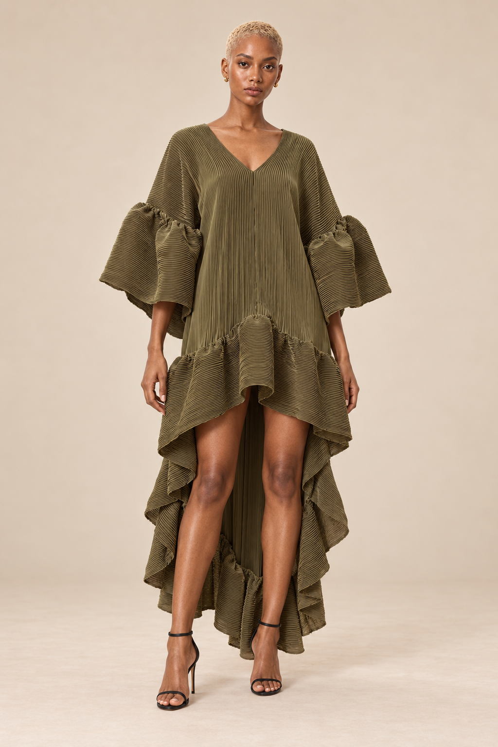 Olive Cascade Pleated High-Low Ruffle Dress on BLANC LOVE main model, front view
