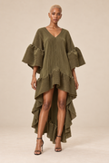 Olive Cascade Pleated High-Low Ruffle Dress on BLANC LOVE main model, front view