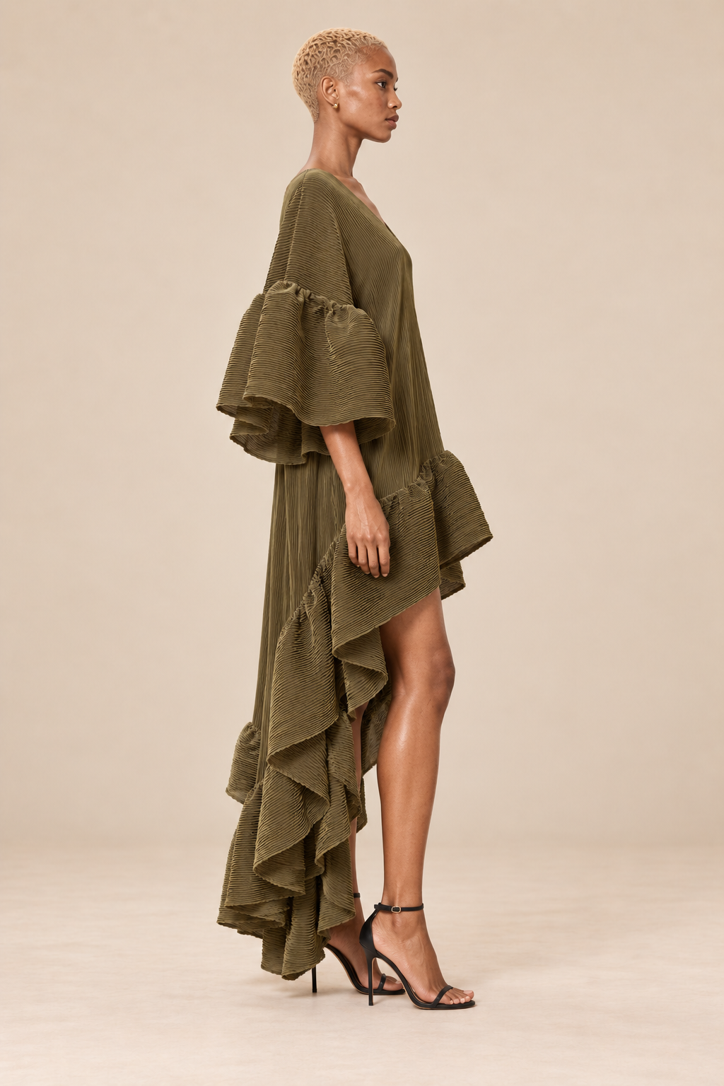 Olive Cascade Pleated High-Low Ruffle Dress on BLANC LOVE main model, side view