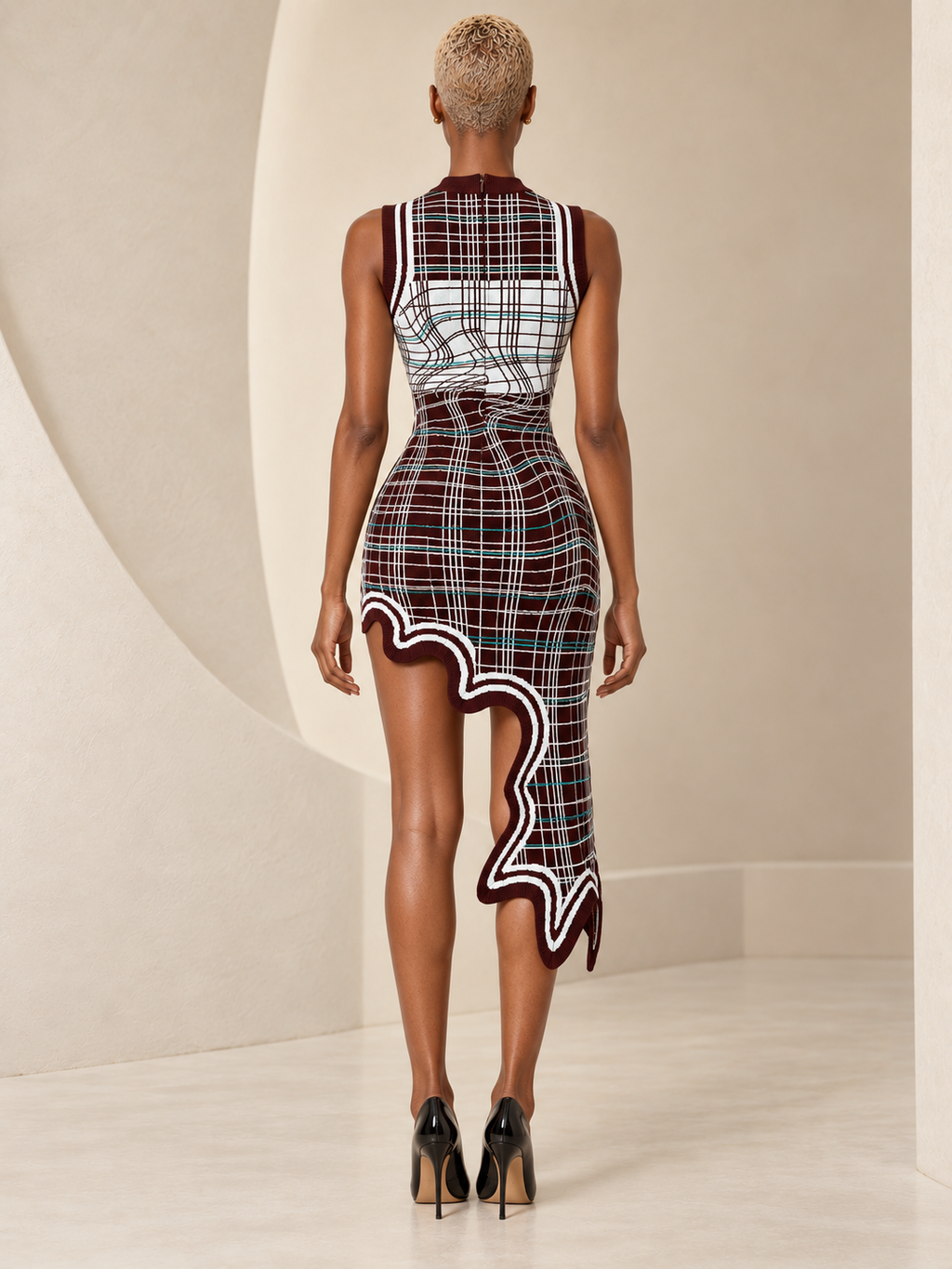 BLANC LOVE Optic Wave Plaid Asymmetric Knit Dress, back view on main model