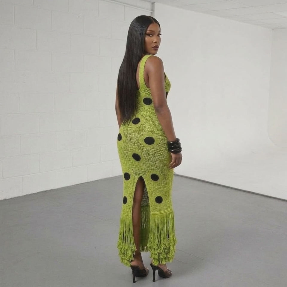 Lime Fringe Polka Dot Crochet Maxi Dress