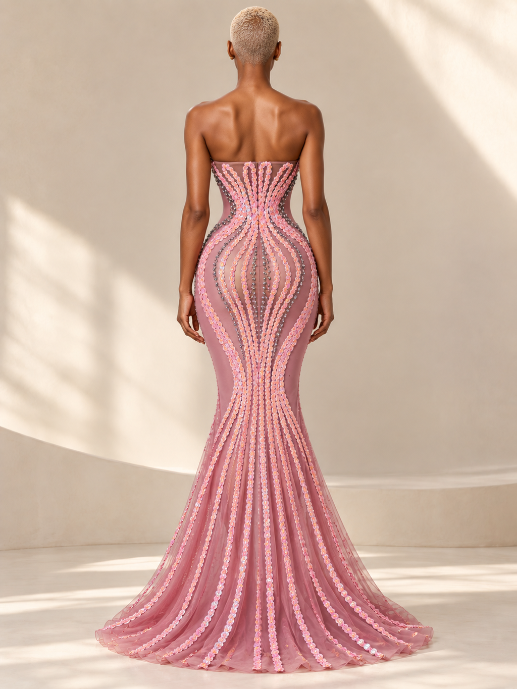 BLANC LOVE Rose Radiance Pink Sequin Mermaid Gown, back model styling with added opaque rose underlayer