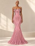 BLANC LOVE Rose Radiance Pink Sequin Mermaid Gown, front model styling with added opaque rose underlayer