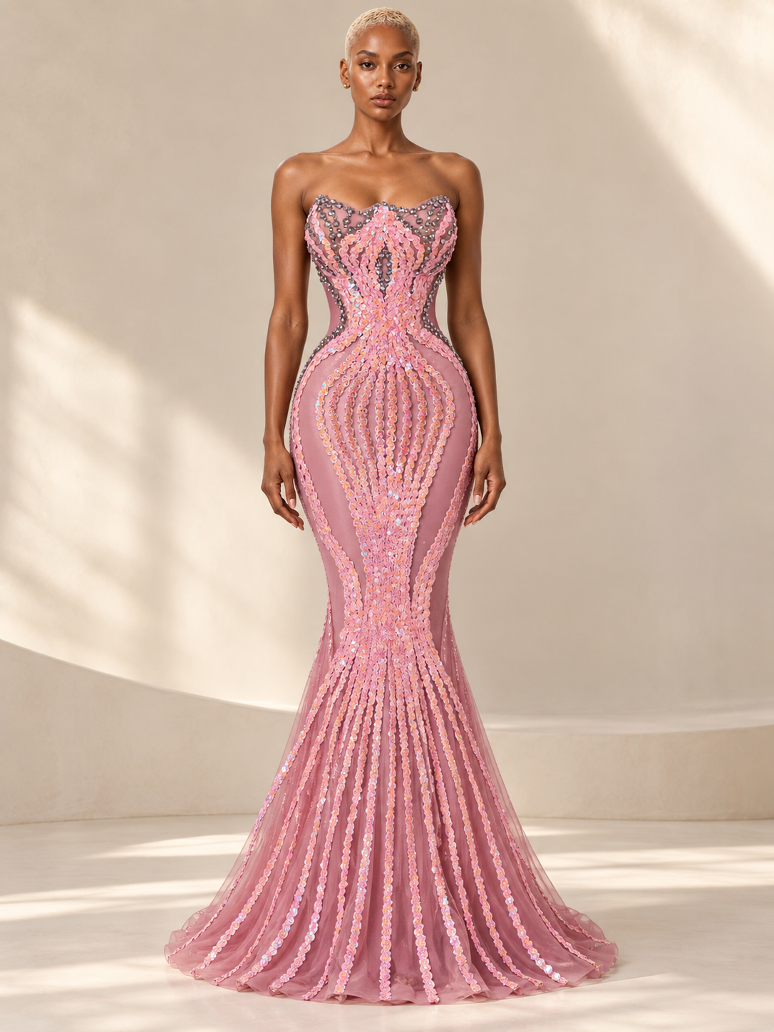 BLANC LOVE Rose Radiance Pink Sequin Mermaid Gown, front model styling with added opaque rose underlayer