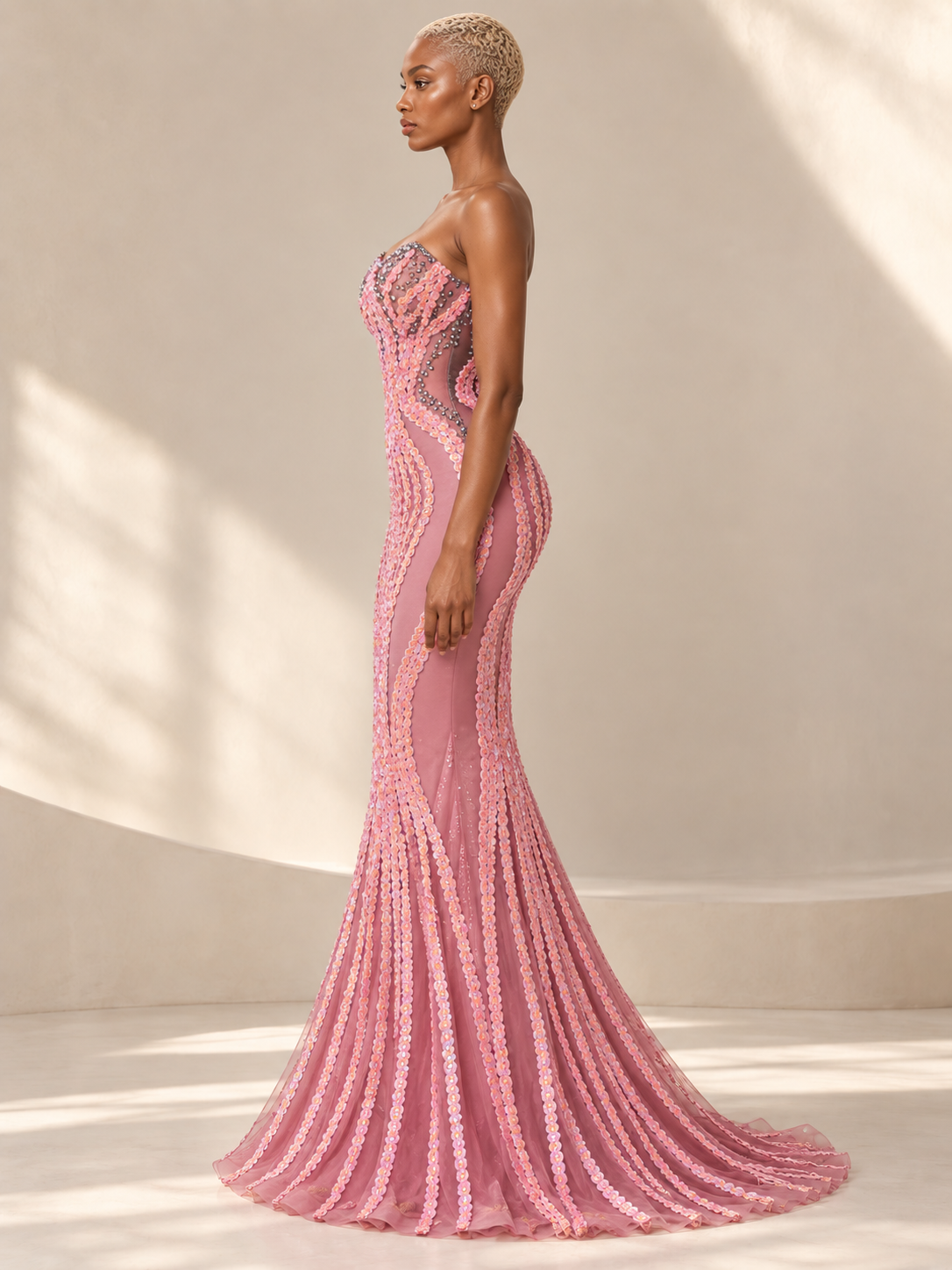 BLANC LOVE Rose Radiance Pink Sequin Mermaid Gown, side model styling with added opaque rose underlayer