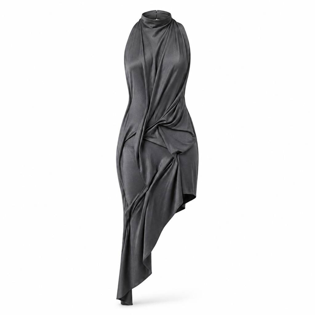 Grey Sculpted Muse Drape Dress on an invisible mannequin