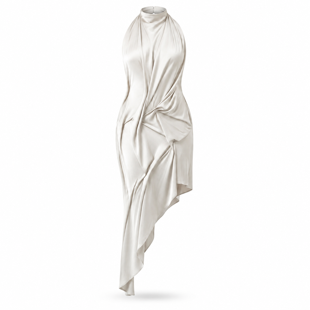 White Sculpted Muse Drape Dress on an invisible mannequin