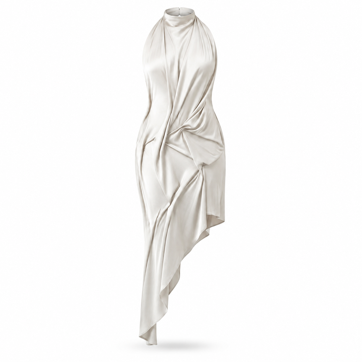 White Sculpted Muse Drape Dress on an invisible mannequin