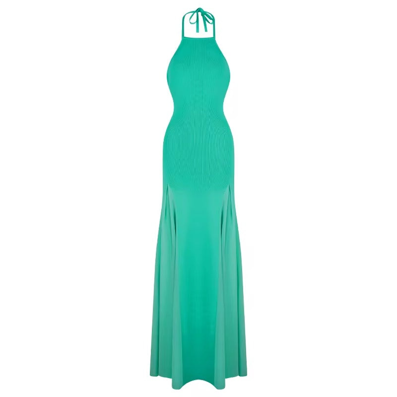 Turquoise Muse halter maxi dress on an invisible mannequin