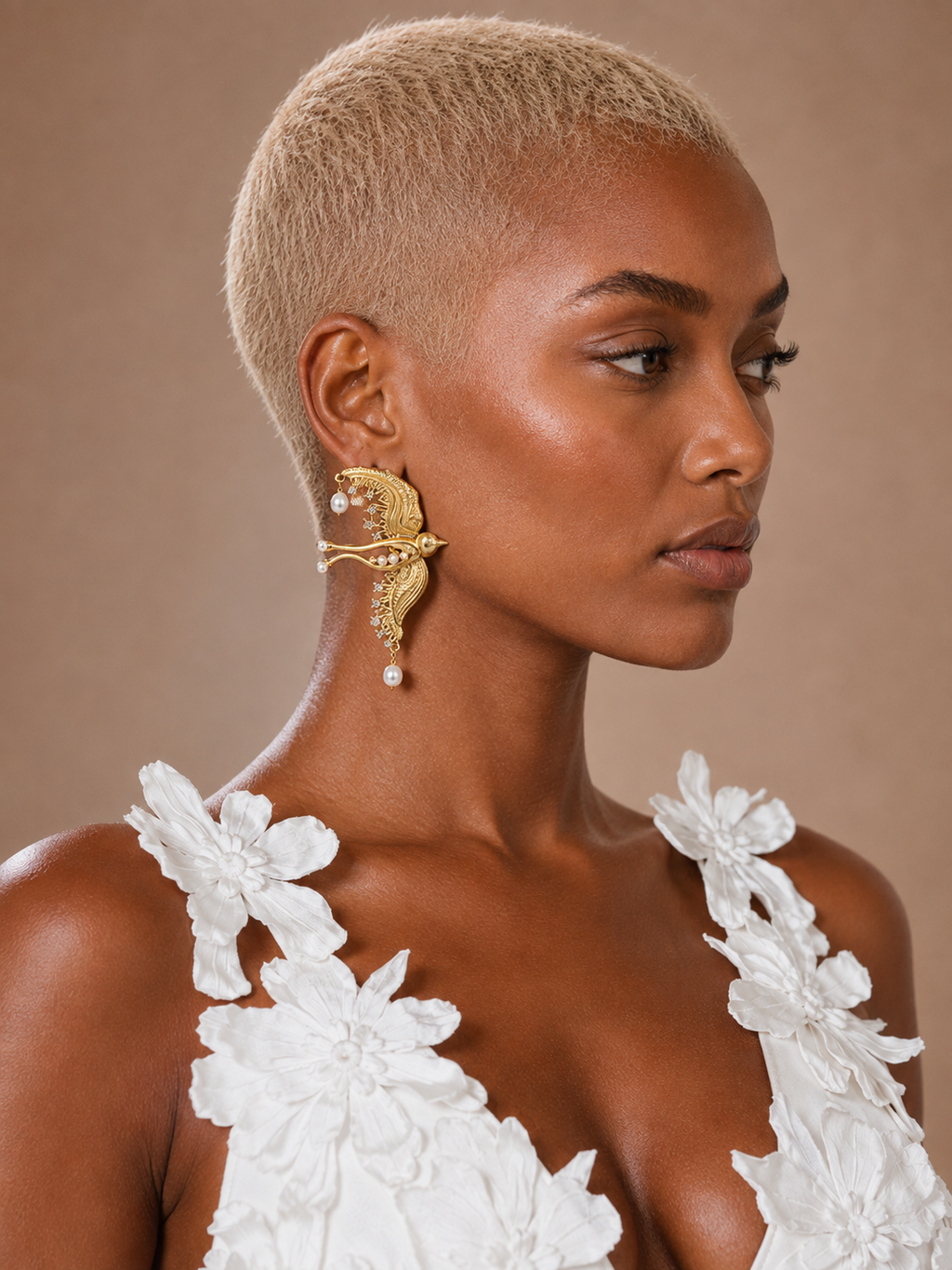 BLANC LOVE Winged Pearl statement earrings profile view