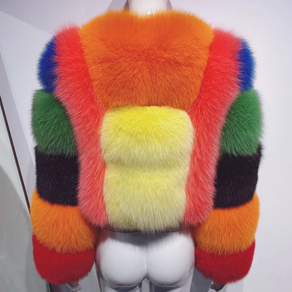 Colorblock Real Fox Fur Jacket BLANC LOVE