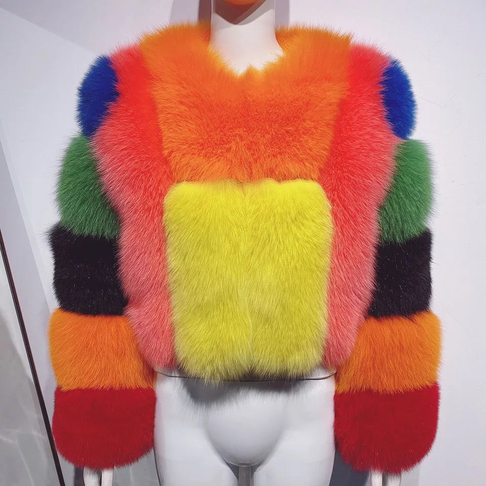 Colorblock Real Fox Fur Jacket BLANC LOVE